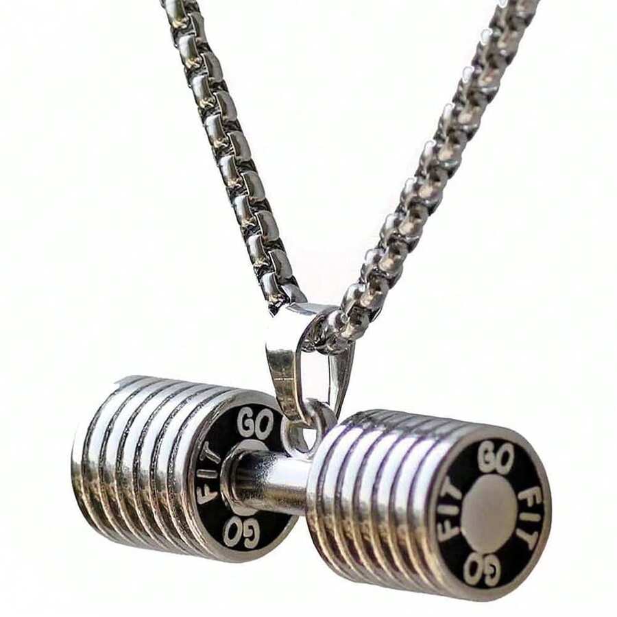 JAJAFOOK Men'S Stainless Steel Fitness Gym Dumbbell Weight Lifters Barbell Chain Pendant Necklace - Bạc - Xem 1