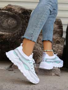 Women Summer Breathable Mesh Shoes, Low-Cut Colorblock Casual Shoes, Comfortable Sports Running Shoes - màu xanh lá - Xem 3