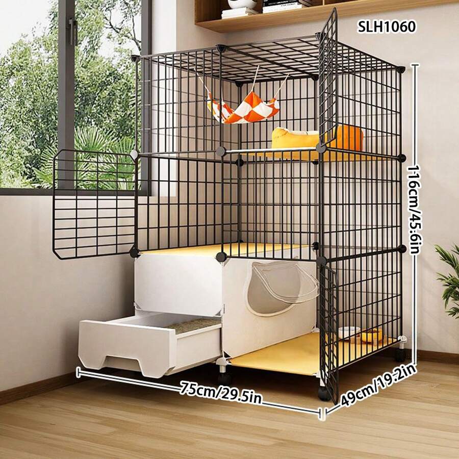 3-Tier Movable Cat Cage With Separate Litter Box, Indoor Cat Villa - Multicolor - View 1