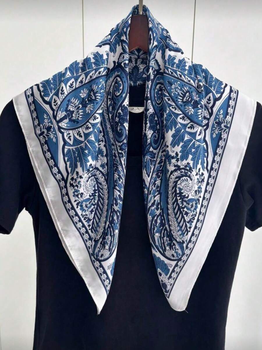 70 * 70cm 正方形絲綢圍巾,女士緞面印花頭巾,圍巾,髮帶,時尚女士髮巾,披肩,圍巾,女士圍巾,百搭 - 藍白色大腰果 - 查看 1