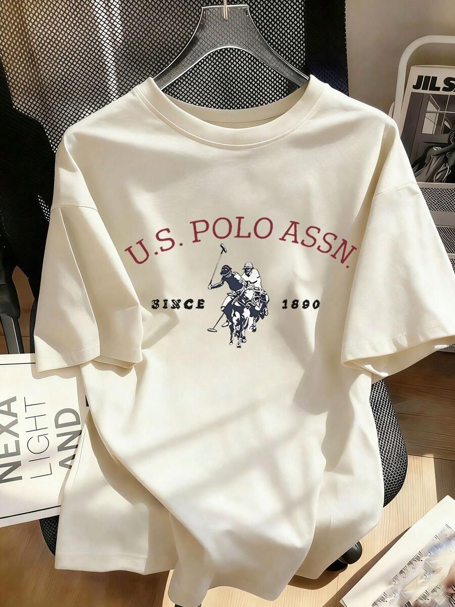 1件装休闲印花短袖T恤,适合青少年女孩,夏季学生上衣 - 杏色 - 查看 1
