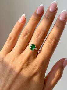 Stylever 1枚925纯银时尚闪亮立方氧化锆祖母绿戒指，女士日常通勤百搭戒指，派对配饰，高品质戒指，结婚订婚周年纪念礼物，精致珠宝礼品 - 金色 - 查看 4