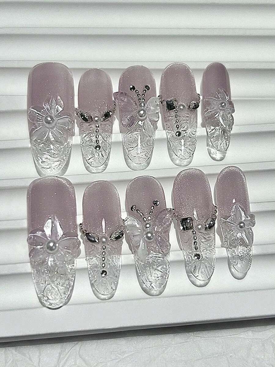 10片/套 春季3D泡桐花美甲贴纸，闪亮紫色和粉色猫眼假指甲，珍珠蝴蝶花瓣椭圆形美甲用品（1片果冻贴纸+1个指甲锉） - 淡紫色 - 查看 1