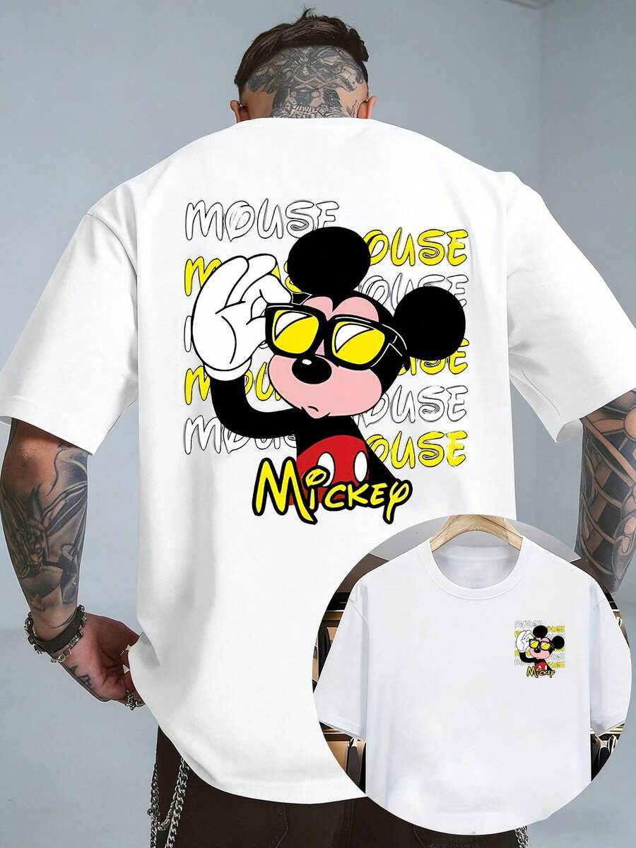 Disney Licensed - Mickey Mouse Cartoon Front And Back Print Series Short-Sleeve Round Neck T-Shirt For Summer, Unisex. Men'S Base Layer Shirt Suitable For Daily Commuting, Casual Wear, Birthday Gifts, Everyday Outfits, Regular Fit - 白色 - 查看 1