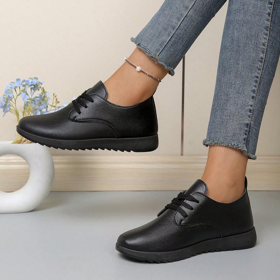 Black Lace-Up Flat Sneakers, Comfortable Versatile Women Shoes, New Arrival Spring/Autumn - Black - View 1