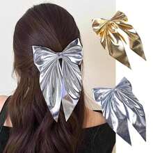 1pc Elegant Bowknot Spring Clip Gold/Silver Long Ribbon Hair Clip, Suitable For Daily Wear Or Valentine's Day Date - Multicolor - View 1