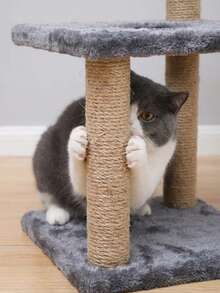 1pc Three-Tier Cat Climbing Frame Linen Braided Columns Felt Base Cat Claw Grinding Toy Cats Climb Treehouses Frame Interactive Cat Scratching Post With Hanging Mouse Hard-Wearing Cat Supplies - Multicolor - View 7