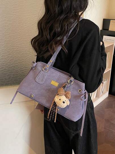 2026 New Spring/Summer Lavender Underarm Bag For Women, Versatile Shoulder Bag With Bear Charm & Bow Decor, Spacious Commuter Bag