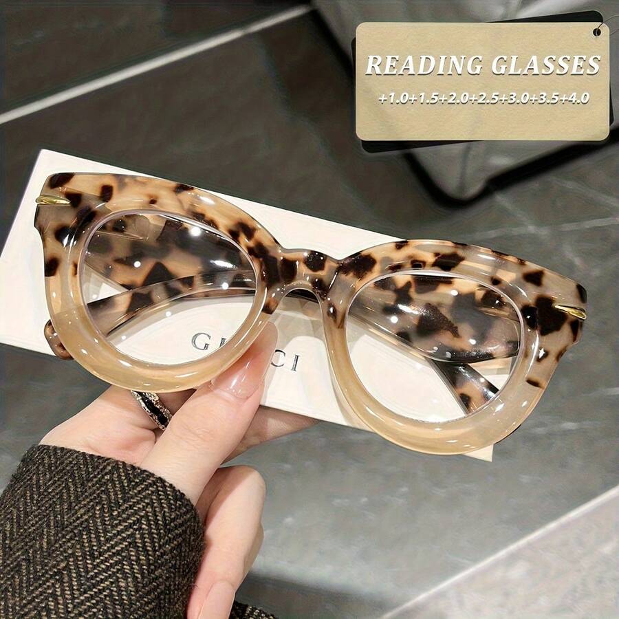1-Piece New Fashion European And American Style Large-Frame Cat-Eye Spring-Loaded Wide Temple Women's High-Definition Reading Glasses, Suitable For Everyday Wear Without Makeup, Can Complement Outfits And Modify The Face Shape, And The Spring-Loaded Temples Do Not Pinch The Face When Worn - 綠豹 - 查看 1