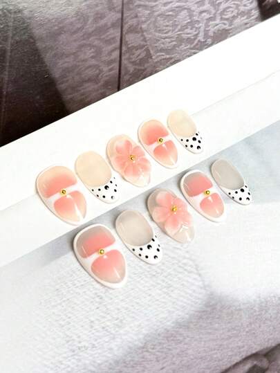 10pcs Almond Short Fake Nails With Nude Pink Gradient Translucent + Clear White Base Blending 3D Pink Flower (Gold Bead Accent) & Polka Dot & French White Edge Design Sweet Playful Style 100% Handmade Press On Acrylic Nails Reusable Nail Supplies Including 1pc Jelly Glue,1pc Stick And 1pc Nail File For Women's Daily Or Party Wear
