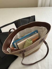 大容量度假沙滩包，女士编织手提包，时尚草编单肩包 - 米色 - 查看 7