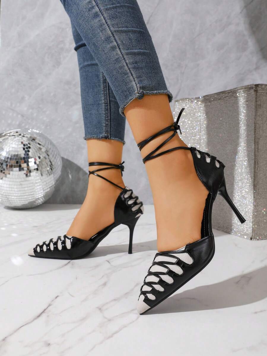 Elegant Pointed Toe Stiletto Heel Slip-On Buckle Strap Pumps - Black - View 1