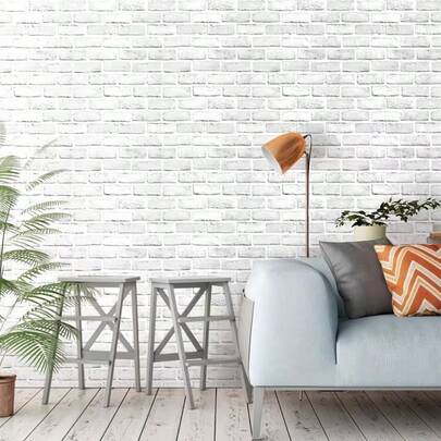1卷灰白砖纹自粘墙纸，适用于客厅、商店、浴室、家具和厨房防溅板的墙面装饰，可移除防水砖纹墙纸