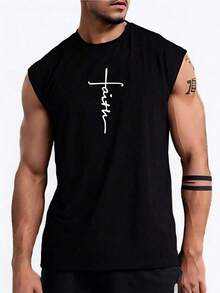 Parte superior deportiva sin mangas estilo novio para hombre, ideal para actividades al aire libre como correr, ejercicio y talla grande. Ropa deportiva de secado rápido y transpirable con camiseta estampada con fe. - Negro - Ver 1