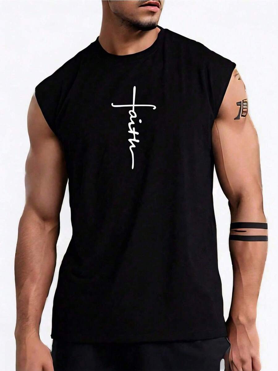 Parte superior deportiva sin mangas estilo novio para hombre, ideal para actividades al aire libre como correr, ejercicio y talla grande. Ropa deportiva de secado rápido y transpirable con camiseta estampada con fe. - Negro - Ver 1