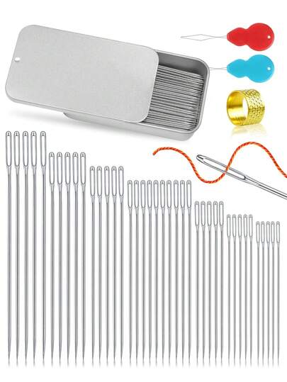 40 PIEZAS de Agujas de Costura de Acero Inoxidable Premium, 7 Tamaños de Agujas Afiladas con Ojo Grande para Costura, Agujas para Cuero, Bordado y Manualidades con Enhebradoras