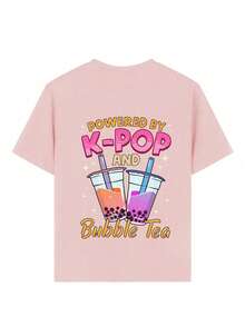 少女“K-POP”波霸奶茶印花T恤，时尚休闲百搭上衣，适合女孩日常休闲穿着 - 粉色 - 查看 7