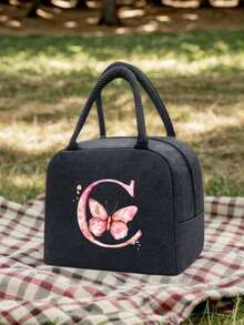Pink Butterfly & Letter Pattern Insulated Lunch Bag, Thermal Lunch Box, Suitable For Students, Office, Camping, Picnic, School, University, Lightweight Portable Canvas Lunch Storage Bag - Multicolor - View 7