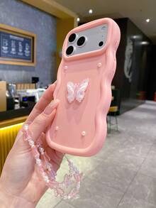 不对称仿珍珠蝴蝶DIY，蝴蝶手链，粉色马卡龙防震手机壳，兼容 17、16、15、14、13和S26、S25、S24，荣耀400Lite、200Pro，荣耀A5，X9、X8、X6、9X，Smart 6/7/8/9/10，14T，15T Pro - 粉色 - 查看 4