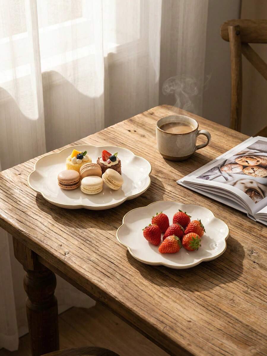 1pc/Set Plum Blossom Shaped Luxury Tray, Gold Rimmed Plate, Multi-Purpose Serving Dish, Home & Party Use - White - View 1