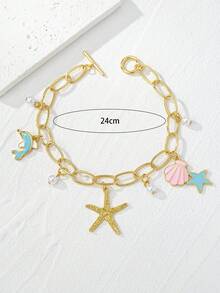 1件海洋度假风脚链，海洋生物系列珍珠海星海豚脚链，女士沙滩假日款 - 金黃色 - 查看 2