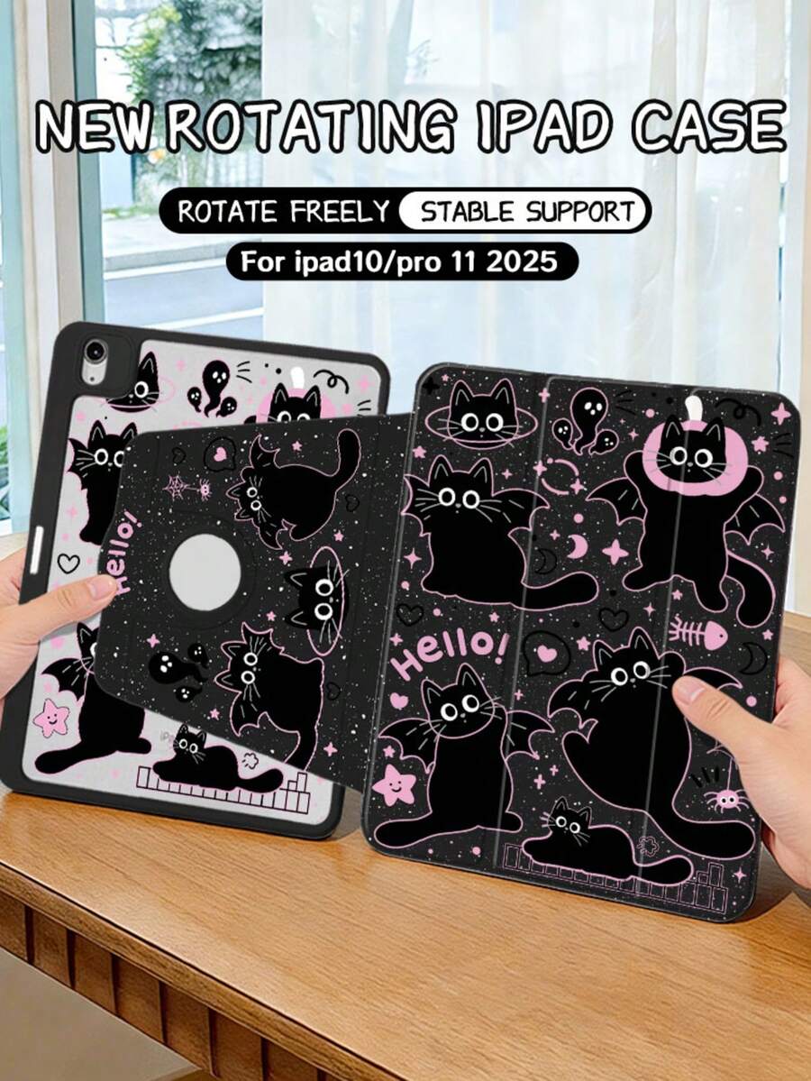 This Is A 3-Fold Rotating Protective Case, Featuring A Cartoon Black Cat Design And A Perforated Logo. It Is Compatible With The 10th/11th Generation And 11-Inch Pro (2025 Model), Supporting Auto Wake/Sleep Function And Providing Multi-Angle Support. This Protective Case Makes A Perfect Gift During Ramadan, And It Is Not A Magnetic Case.