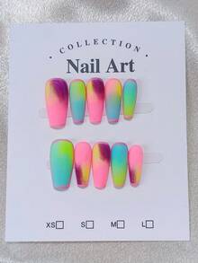 1包/10片 - 大胆霓虹彩虹渐变+紫色泼墨假指甲 手工按压式指甲 - 彩色 - 查看 10