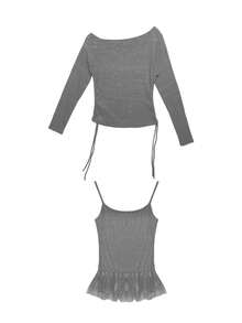 女士蕾丝拼接露肩长袖T恤，独特修身抽绳上衣，夏季 - 灰色 - 查看 2