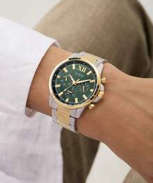 Guess GW0900G5 Men's Quartz Watch, Green Dial Chronograph, Gold Silver Two-Tone Stainless Steel Strap, Luxury Business Casual Wristwatch - Green - View 2