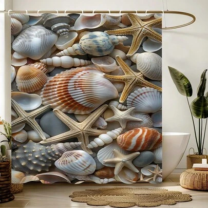 1pc Starfish & Shell Design Shower Curtain, Made Of Polyester, Waterproof, Non-Shading, Suitable For Home And Bathroom Decor, Comes With 12 Hooks.