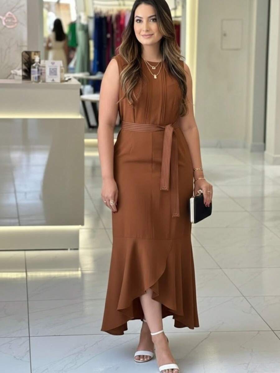 Elegant Women's Dress In Marrant Sensorial Fabric, Waist Tie For Adjustment And Cinched Effect With Slight Asymmetrical Cut, Summer 2025. - 鏽棕色 - 查看 1