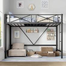 Cama de loft de metal tamaño doble, Camas de loft industriales cama pesada con rieles de  y diseño de ahorro de espacio, Cama de acero para la escuela, Dormitorio - Negro - Ver 3