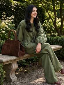 女士时尚休闲度假风绿色镂空系带长袖衬衫搭配高腰阔腿裤两件套，通勤套装，沙滩装春季必备 - 墨綠色 - 查看 5