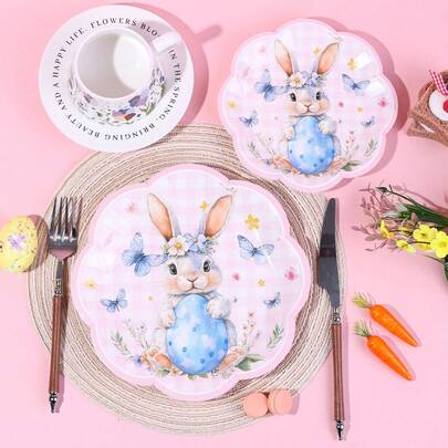 10/20/40个粉色格子复活节兔子纸盘，7英寸和9英寸一次性纸盘，扇形边缘，印有花卉兔子和彩色彩蛋图案，是春季复活节派对的理想用品，水彩兔子花卉格子纸盘