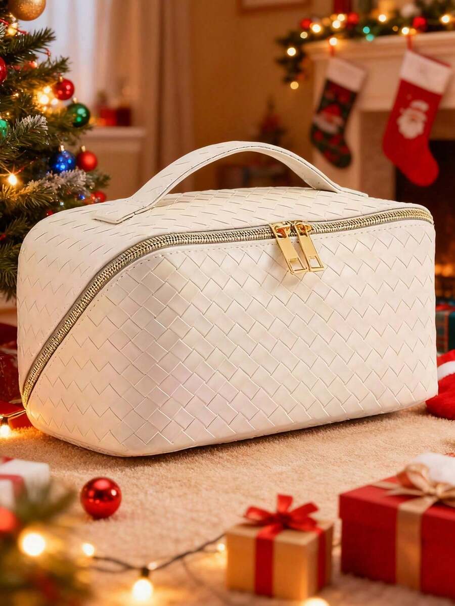 1个女士奢华化妆包，PU皮革防水化妆包，便携式化妆品收纳包，大容量旅行配件包，编织纹理，情人节礼物，女士旅行必备，邮轮旅行必备，女士沙滩包，女士钱包和手提包，伴娘礼物