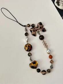 合金蝴蝶结元素 1 件装时尚手机链，饰有豹纹蝴蝶结和串珠，设计为短款腕饰，多功能复古吊坠，女士防丢挂链，适用于手机壳，春季礼物，生日派对佳品 - 彩色 - 查看 3