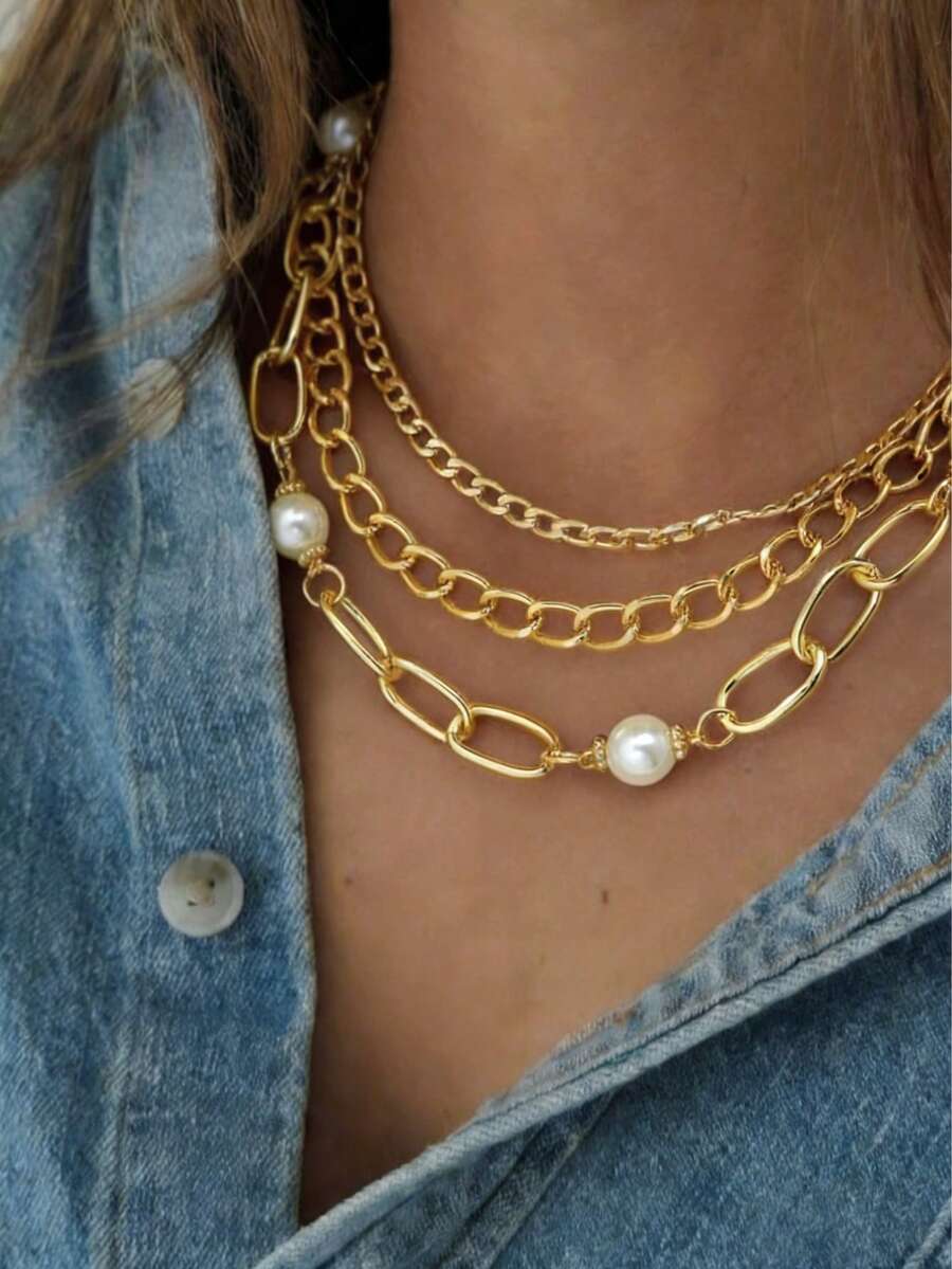 Juego de 4 collares de mujer, moda vintage elegante y de lujo de alta calidad, collar de perlas falsas, diseño exclusivo, adecuado para uso diario, fiestas, banquetes, regalo ideal para mujeres en vacaciones, aniversarios, cumpleaños - Amarillo Oro - Ver 1