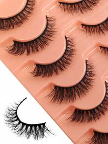 7 pares de pestañas de efecto ojo de gato con aspecto esponjoso, banda negra suave, naturales y gruesas, pestañas postizas 3D de visón falso, pestañas postizas de tira completa - Negro - Ver 7