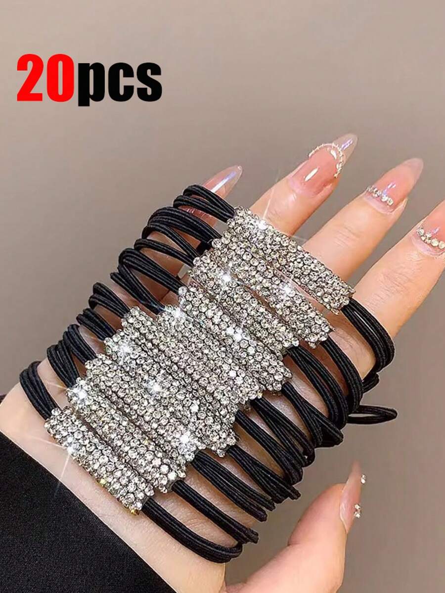 20/10/3pcs Women's Ponytail Rhinestone Hair Tie, Light Luxury Versatile Rubber Band, Reusable High Elasticity Women's Hair Rope, Suitable For Daily Dressing, Travel, Beach, Holiday Gift Giving Hair Rubber Bands Scrunchies Elastic Hair Tie - Black - View 1