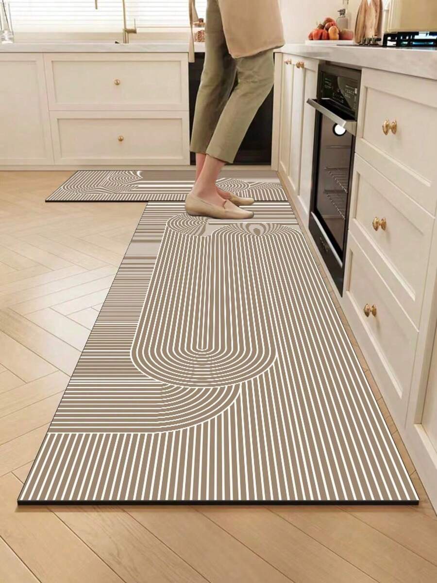 Silica Gel Kitchen Mat With Abstract Geometric Pattern In White Lines, Including Arcs And Circles, Presenting A Minimalist Japanese Wabi-Sabi Style, Luxury Fashion Kitchen Mat With Cushion And Anti-Fatigue, Surface Fabric Material, Middle Sponge Absorbent Material, Bottom Rubber Material Non-Slip And Easy To Clean Kitchen Rug Non-Slip, Absorbent, Washable Polyester ,Kitchen And Laundry Area, Laundry Room | Decorative Floor | Absorbent, Laundry Room Decor,Suitable For Bathroom, Shower, Laundry Room, Bedroom, Living Room, Door Mat, Kitchen Mat - 彩色 - 查看 1