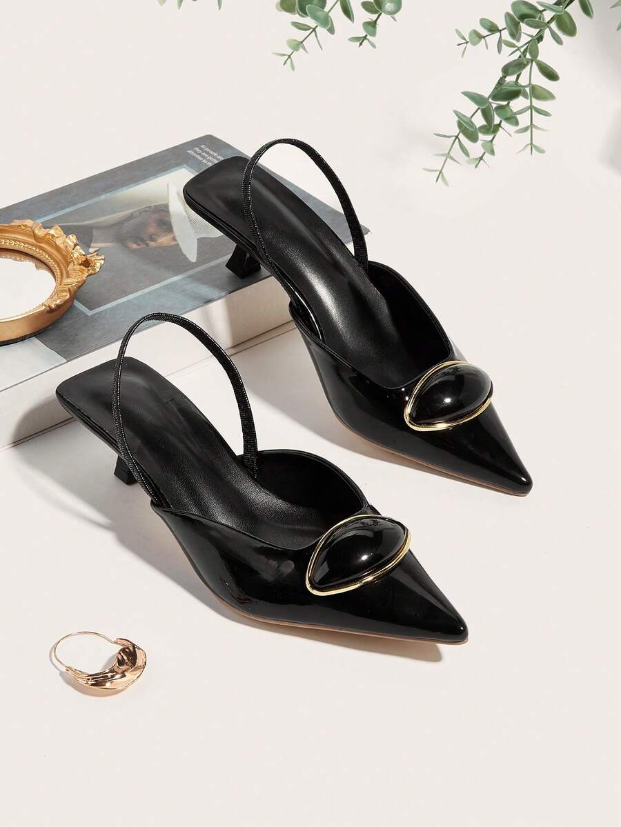 Women's 2025 New Fashion Metal Buckle Pointed Toe High Heel Pumps, Elegant Design,Kitten Heels - Black - View 1