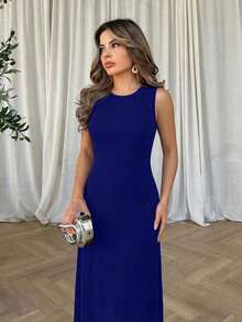 Vuslat 女士纯色无袖修身滑冰裙，无袖圆领系带喇叭裙，纯色弹力修身中长连衣裙，优雅百搭，适合度假、婚礼、生日、派对、晚宴、新年、情人节、通勤、办公等场合。 - 寶藍色 - 查看 5