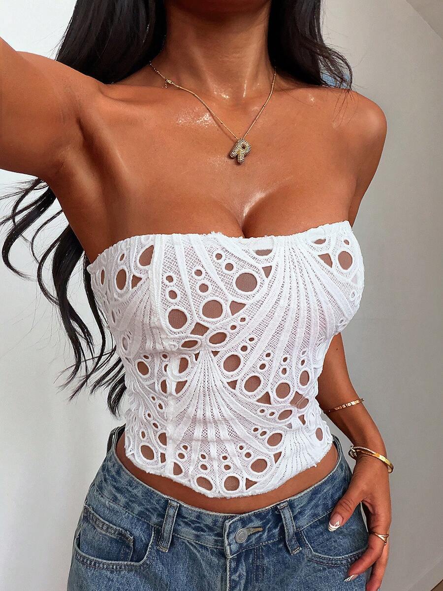 GLOpass 2026 Spring New Women's White Strapless Lace Blouse, Sexy Hollow-Out Design Backless Tie Crop Top, Y2K Style - White - View 1