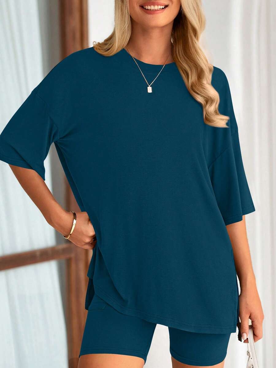 PRETTYGARDEN Women's Summer Clothes 2 Piece Sets Lounge Set Casual Oversized Shirts Biker Shorts Matching Airport Travel Sweatsuit Set Women Vacation Outfit Lake Blue Summer Brunch Outfits For Women - 湖藍色 - 查看 1