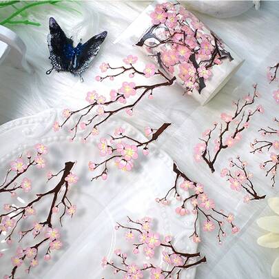 2m/Rollo Cinta Decorativa de Lámina Dorada de PET con Flores de Ciruelo Rosa Rojo Blanco para Pegatinas, Scrapbooking, Diario, Tarjetas, Papelería Estética: 100cm