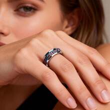 时尚8毫米银色陶瓷316L不锈钢戒指，男女通用，镶嵌合成蓝色蛋白石，发光戒指，舒适贴合，珠宝礼品 - 銀色陶瓷不銹鋼 - 查看 6