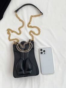 Túi đeo chéo đa năng thiết kế độc đáo, thời trang, kiểu dáng retro, có dây xích trang trí cá tính, màu trơn đơn giản, hình dáng ngộ nghĩnh, có thể tháo rời, phù hợp cho mua sắm, đi làm, du lịch hàng ngày và các buổi tụ họp, v.v. - màu đen - Xem 7