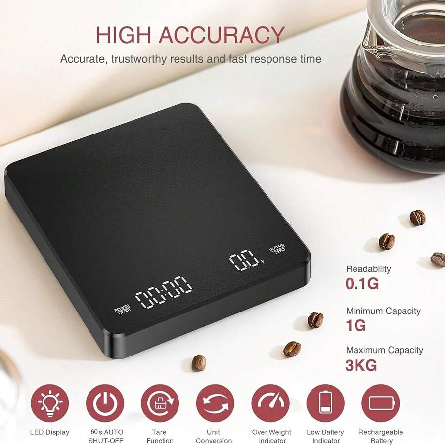 Digital Coffee Scale With Timer, LED Digital Electronic Drip Coffee Scale, Kitchen Scale, Black - Multicolor - View 1