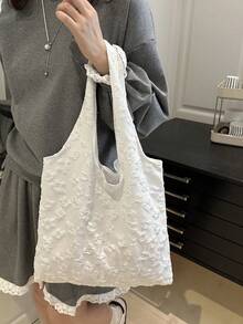 Floral Print Cute Tote Bag [Flower Pattern Placement Random] - White - View 5