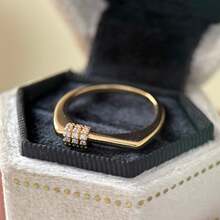 极简主义金色立方氧化锆女士方形戒指，金色平顶条形戒指，小巧矩形印章戒指，日常派对珠宝礼品 - 金色 - 查看 3
